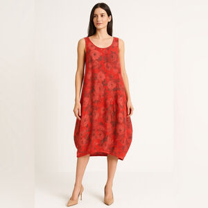 angela mara linen made in italy Sleeveless Red Floral Dress medium